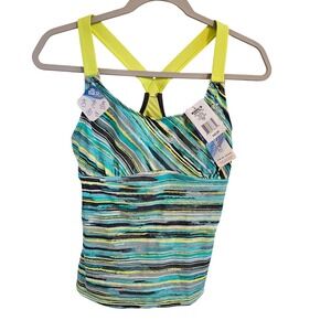 ZeroXposur Women Tankini Swim Top Striped Racerback Teal Lime Green UPF 30 SZ 10